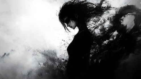 Monochrome silhouette portrait with abstract ink dispersion.