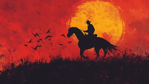 Cowboy silhouette on horseback against blazing sunset sky.