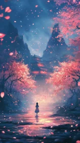 Girl on reflective path under glowing cherry trees.