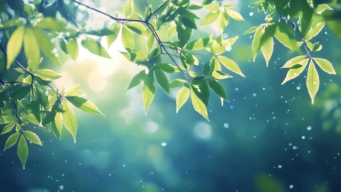 Backlit spring foliage with atmospheric bokeh diffusion.