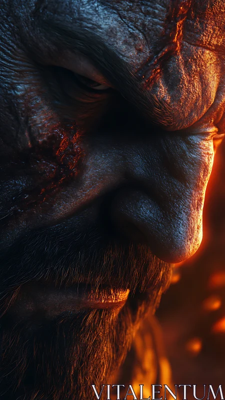 Weathered warrior glowing softly in emberlit shadows.