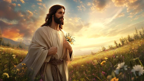Religious figure walking through wildflower field at sunset.