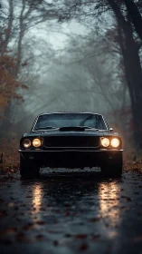 Moody muscle car haunts a rain-slick forest road at dusk.
