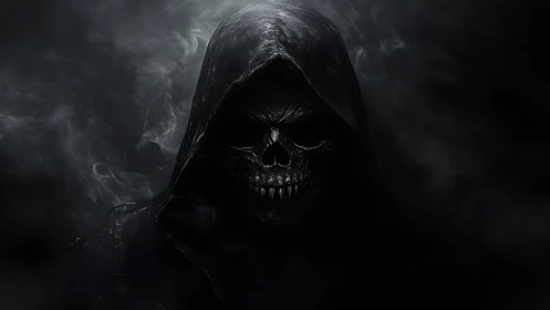 Hooded skeletal figure is rendered in low key digital lighting