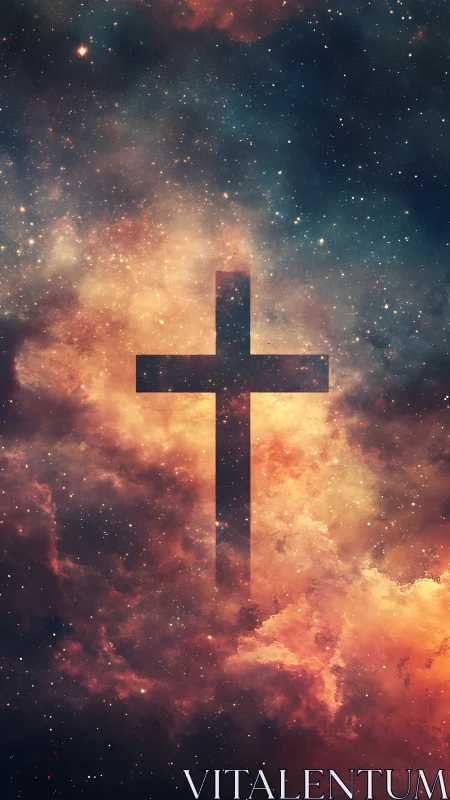 Backlit cross silhouette embedded in dense multicolor nebula field