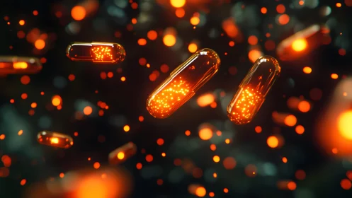 Glowing Capsules Floating in Abstract Neon Space, Futuristic Style.