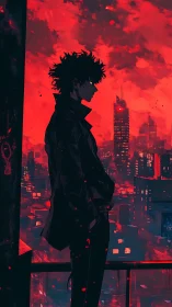 Silhouetted loner surveys high-rise city under saturated red sky