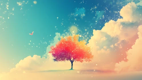 Dream-kissed tree glows softly beneath a sparkling sky