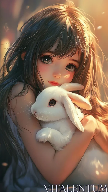 Girl holding white rabbit in warm golden evening light.