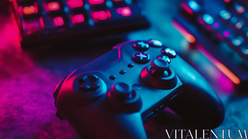 Game controller on desk with RGB backlit peripherals.