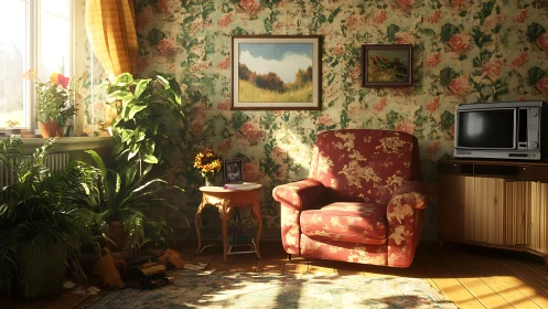 Sunlit floral armchair stands in patterned vintage living room