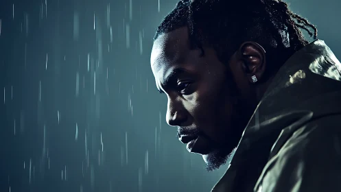 Moody male profile portrait in rain with side lighting.