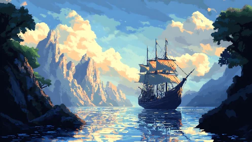 Pixel art galleon sailing through sunlit fjord at sunset
