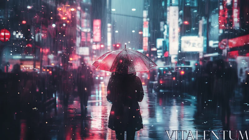 Solitary figure with red umbrella crosses neon city rain