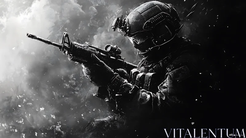 Tactical soldier aims rifle in stark monochrome battlefield