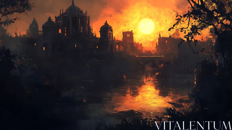 Ruined riverside citadel under intense orange sunset glow.
