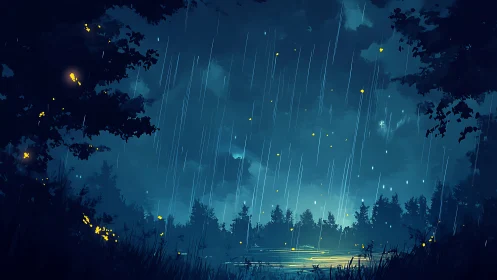Nocturnal forest rainstorm illuminates firefly-lit lakeshore