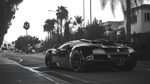 Black hypercar idles on palm-lined suburban boulevard