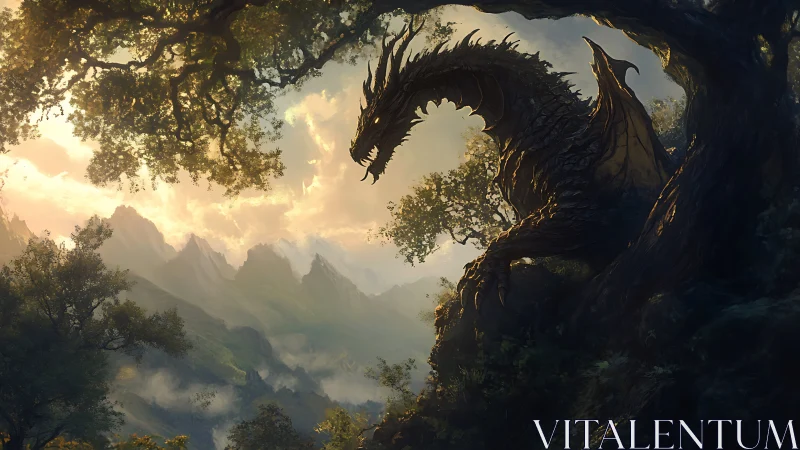 Mountain dragon guards misty valley under molten dawn light.