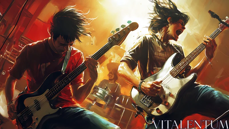 Dynamic rock trio mid-performance in high-energy stage lighting