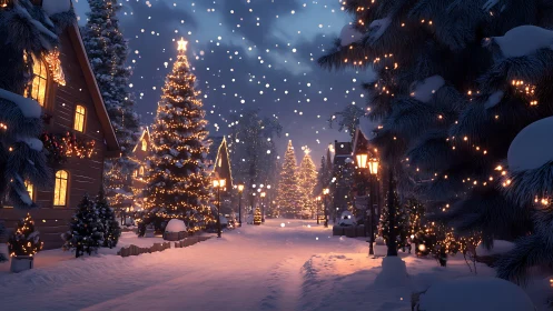 Snow-covered village street with illuminated winter trees.