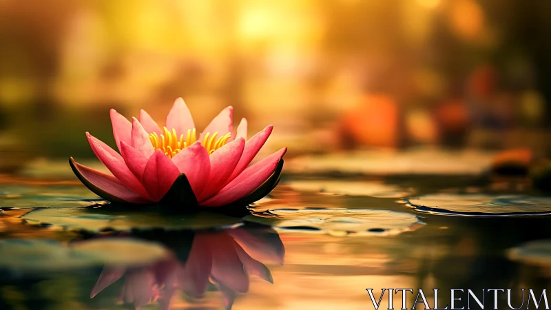Pink water lily glows over golden sunset reflections.