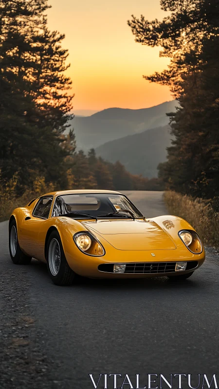 Golden classic sports car cruises into ember-tinted dusk.