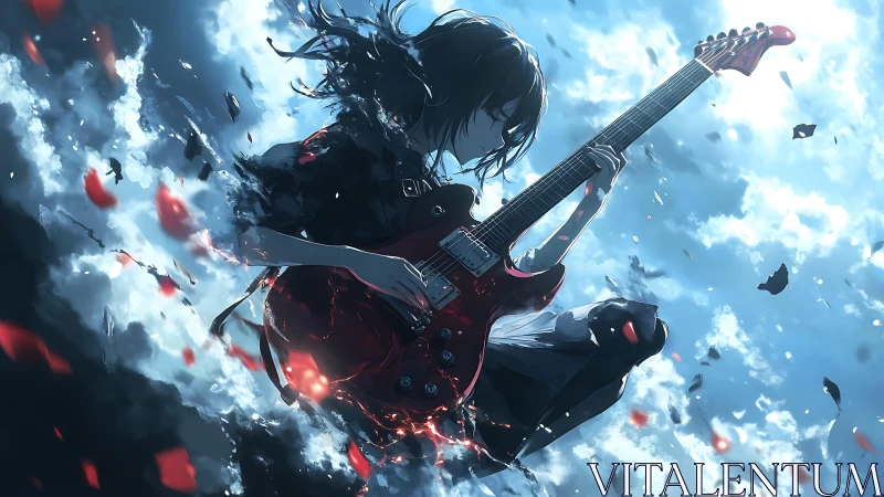 Solitary guitarist suspended amid clouds and scattered petals.