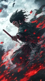 Blood-lit storm samurai cleaves through burning twilight sky.