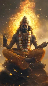 Fire-crowned yogi sits in radiant meditative stillness