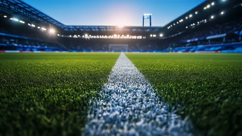 Low-angle stadium field view emphasizes turf texture and depth