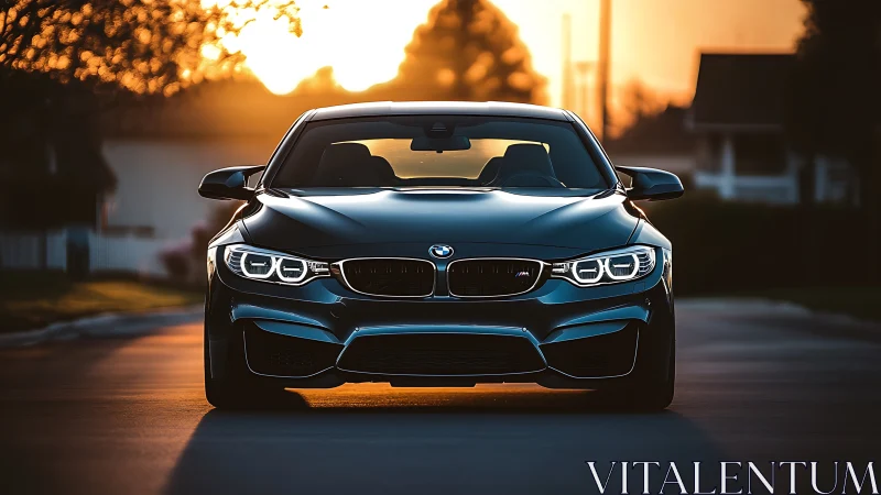 BMW sports coupe front view under cinematic golden hour lighting