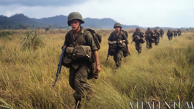 Infantry soldiers conduct field movement through tall grasslands