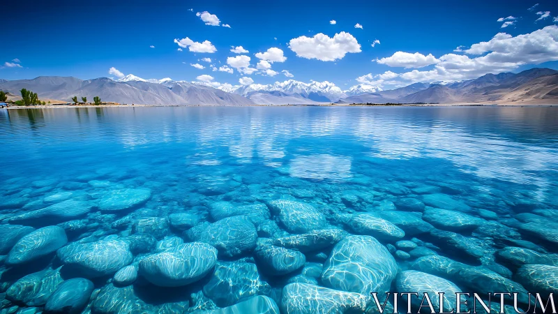 Crystal lake reveals sunlit stones beneath alpine peaks.