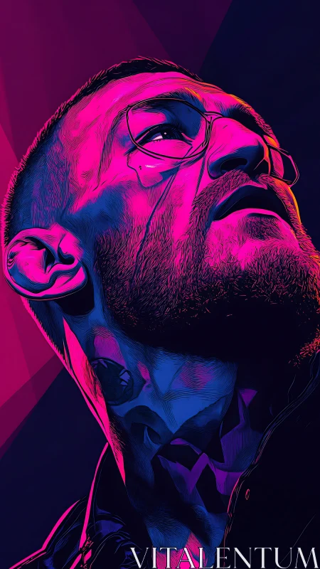 Neon-bathed bearded rebel gazes into electric midnight skies.