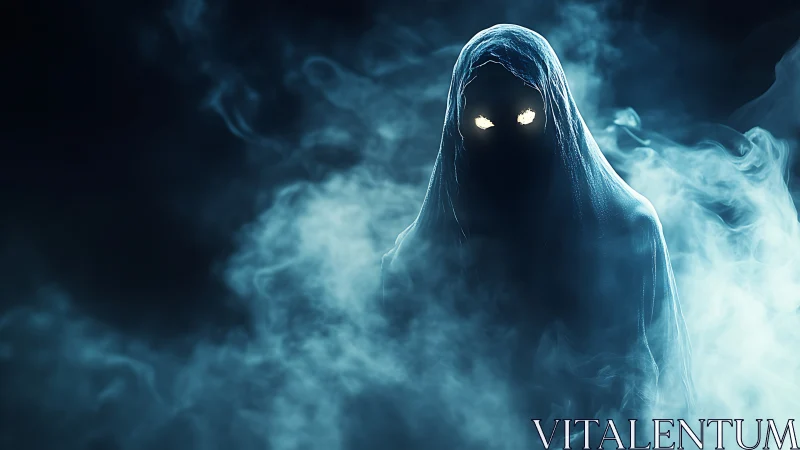 Shrouded wraith with blazing eyes adrift in icy midnight fog.