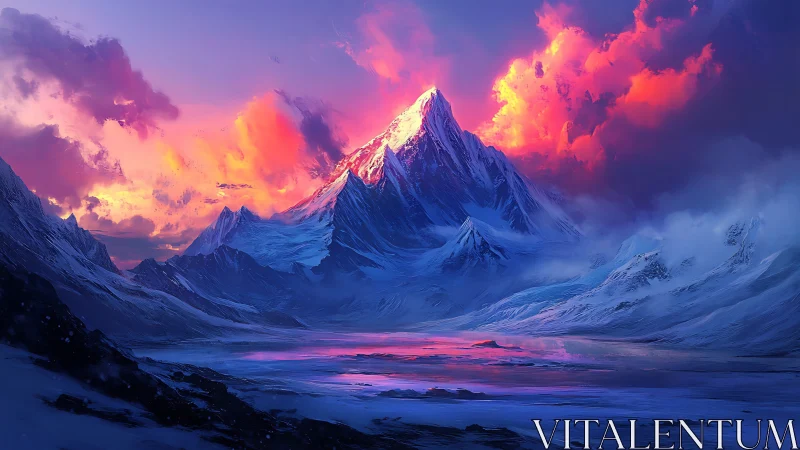 Blazing sunset crowns a serene, snow covered mountain peak