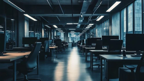 Modern Office Space with Desks and Computing Stations.