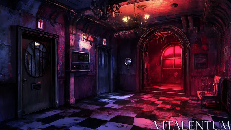 Glimmering red doorway beckons through a haunted hallway