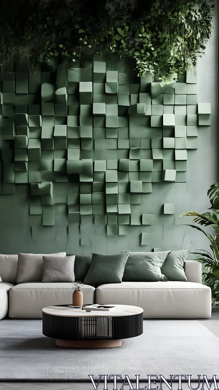 Verdant cube cascade above a calm minimalist sofa sanctuary.
