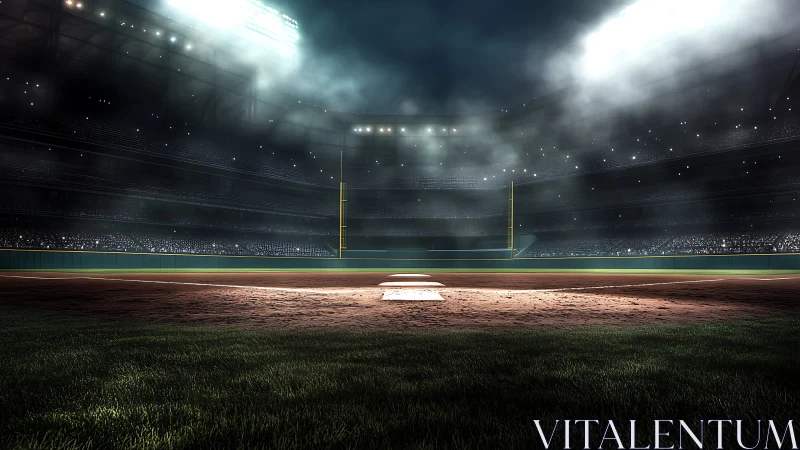 Night baseball diamond under floodlights with foggy stadium
