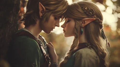 Tender forest moment between two gentle elf adventurers.