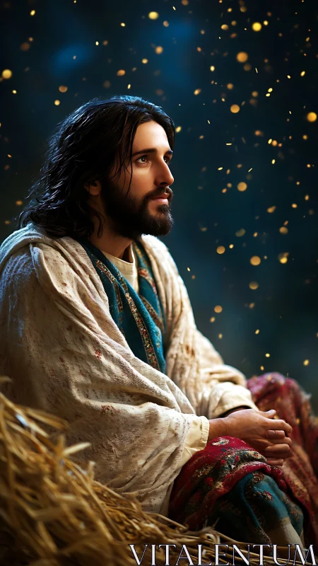 Contemplative robed figure gazes upward in glowing night