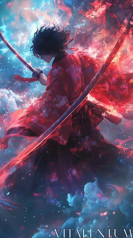 Fiery skyward samurai wrapped in swirling cosmic light.
