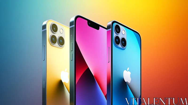 Three iPhone models displayed in gradient color environment