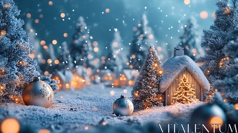 Snowy Christmas village glows with warm festive cottage lights