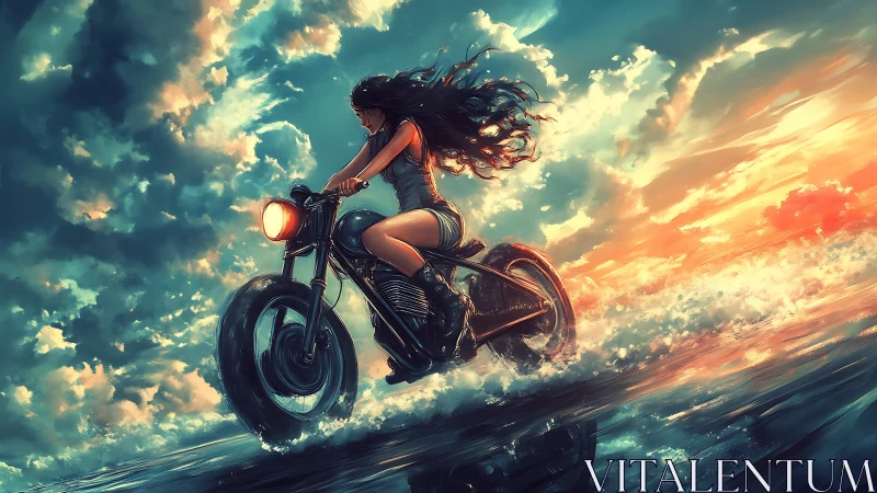 Digital painting of biker girl racing across luminous surf.
