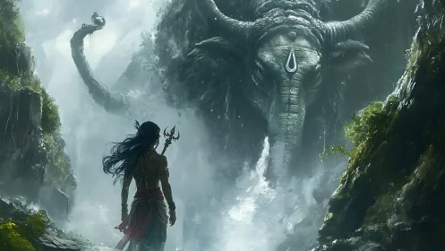 Warrior confronts colossal elephant deity in misty gorge.