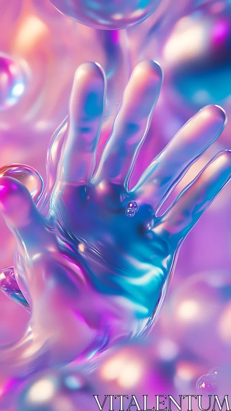 Translucent iridescent hand in liquid gradient space.