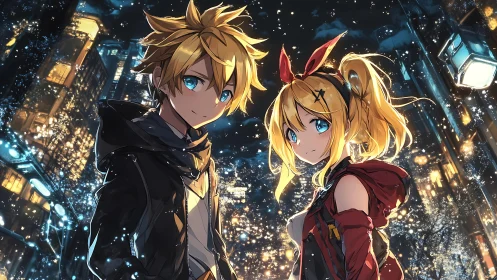 Night city anime duo under glowing winter snowfall.